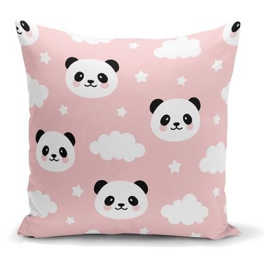 Pembe Zeminli Panda Resimli Dijital Baskılı Kırlent Kılıfı