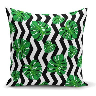 Zigzag Zebra Temalı Yaprak Çizimli Dijital Baskılı Yastık Kırlent Kılıfı