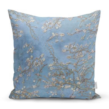 Yağlı Boya Mavi Ağaç Motifleri Dijital Baskılı Yastık Kırlent Kılıfı
