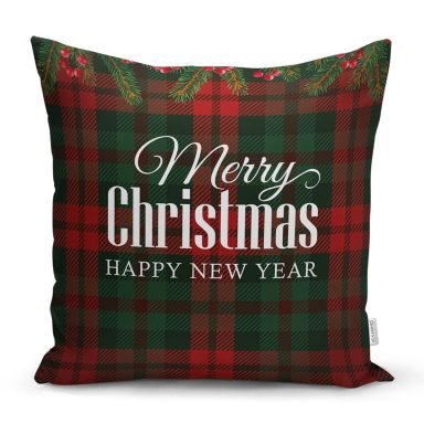 Ekose Zeminde Merry Christmas Baskılı Dekoratif Yastık Kırlent Kılıfı