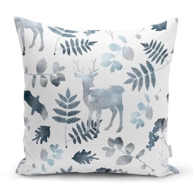 Beyaz Zeminli Geyik ve Yaprak Motifleri Dijital Baskılı Yastık Kırlent Kılıfı