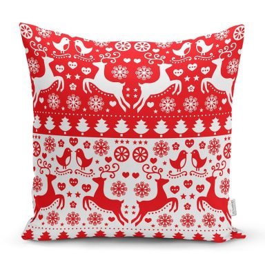 Kırmızı Beyaz Yılbaşı Geyikleri Dijital Baskılı Yastık Kırlent Kılıfı