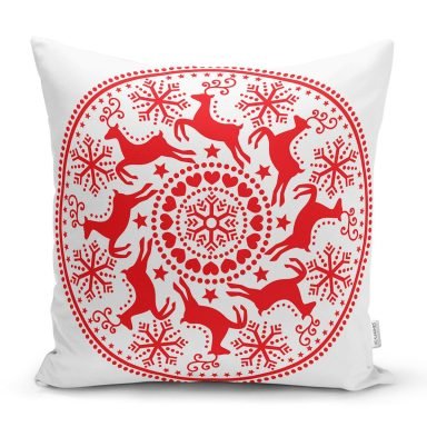 Geometrik Yılbaşı Geyikleri Dijital Baskılı Yastık Kırlent Kılıfı