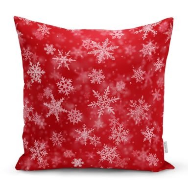 Kırmızı Zeminde Kar Taneleri Dekoratif Yastık Kırlent Kılıfı