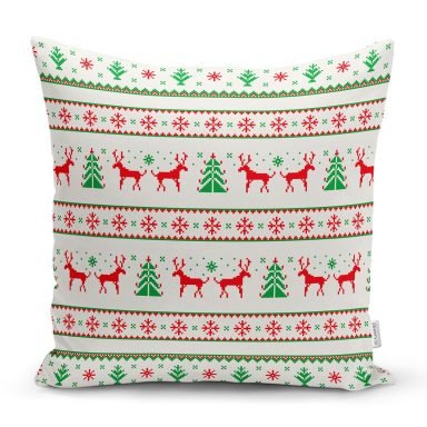 Beyaz Zeminli Kanaviçe Geyik Desenli Dekoratif Yastık Kırlent Kılıfı