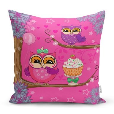 Pembe Zemimde Baykuşlar Desenli Dekoratif Yastık Kırlent Kılıfı