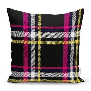 Siyah Sarı Pembe Ekose Desenli Dijital Baskılı Dekoratif Yastık Kırlent Kılıfı