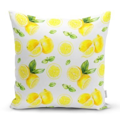 Beyaz Zeminde Limonlar Desenli Dijital Baskılı Yastık Kırlent Kılıfı