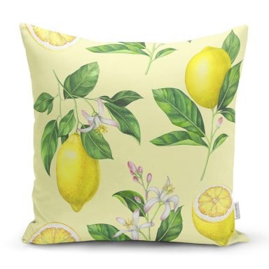 Krem Zeminli Limon Desenli Dekoratif Yastık Kırlent Kılıfı