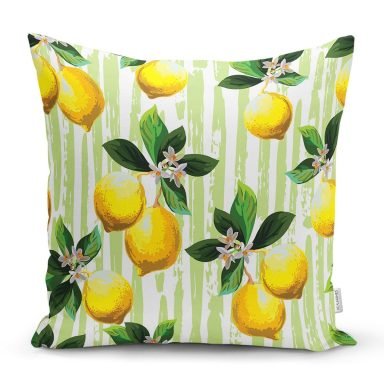 Yeşil Zeminli 3 Boyutlu Limon Desenli Dijital Baskılı Yastık Kırlent Kılıfı