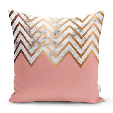 Gold ve Pembe Renkli Mermer Desenli Modern Yastık Kırlent Kılıfı