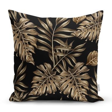 Siyah Zeminde Altın Renkli Yapraklar Desenli Yastık Kırlent Kılıfı