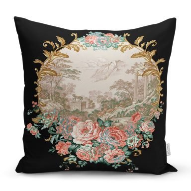 Siyah Zeminde Çiçek Bahçesi Exclusive Modern Tasarımlı Kırlent Kılıfı