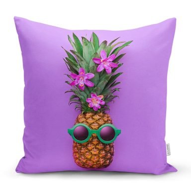 Mor Zeminde Ananas Desenli Modern Yastık Kırlent Kılıfı
