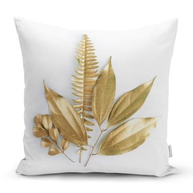 3D Altın Görünümlü Yapraklar Desenli Modern Yastık Kırlent Kılıfı