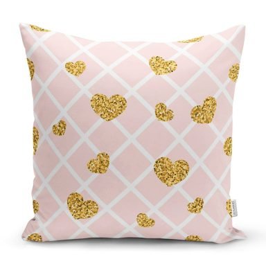 Damalı Pudra Renkli Altın Kalpler Özel Tasarım Yastık Kırlent Kılıfı