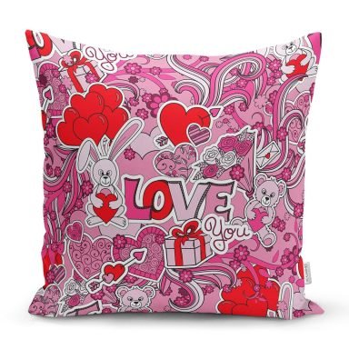 Pembe Zeminli Love You Temalı Modern Yastık Kırlent Kılıfı