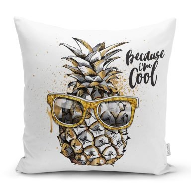 Beyaz Zeminde 3D Ananas Özel Tasarımlı Yastık Kırlent Kılıfı