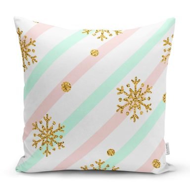 Pembe Mavi Zeminde Kar Tanesi Detaylı Modern Yastık Kırlent Kılıfı