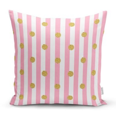 Pembe Çizgili Altın Puanlı Özel Tasarımlı Yastık Kırlent Kılıfı