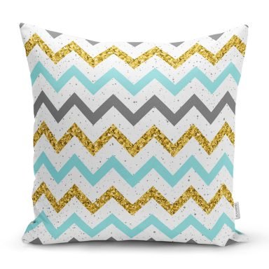 Mavi Gri Gold Zigzag Desenli Özel Tasarımlı Yastık Kırlent Kılıfı
