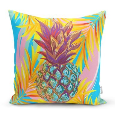 Renkli Yaprak Zeminli Ananas Detaylı Modern Yastık Kırlent Kılıfı