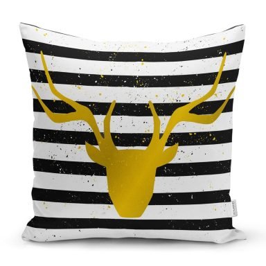 Çizgili Gold Geyik Desenli Modern Yastık Kırlent Kılıfı