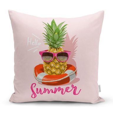 Pembe Zeminli Summer Ananas Desenli Yastık Kırlent Kılıfı