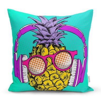 Mavi Zeminde Ananas Desenli Dijital Baskılı Yastık Kırlent Kılıfı