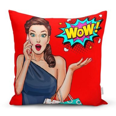 Kırmızı Zeminli Popart Wow Desenli Modern Yastık Kırlent Kılıfı