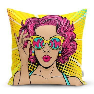 Sarı Zeminli Pop Art Girl Desenli Dekoratif Yastık Kırlent Kılıfı