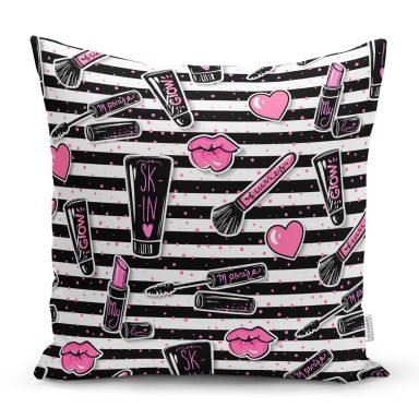 Siyah Çizgili Popart Makeup Desenli Dekoratif Yastık Kırlent Kılıfı