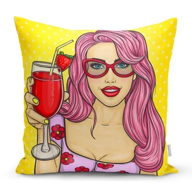 Sarı Zeminli Popart Girl Desenli Dekoratif Yastık Kırlent Kılıfı