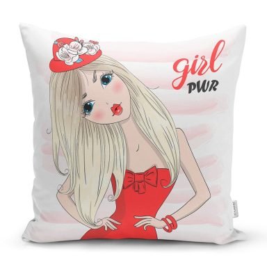 Çizgili Grl Power Desenli Dijital Baskılı Dekoratif Yastık Kırlent Kılıfı