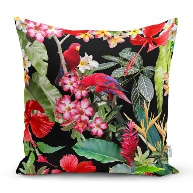 Siyah Zeminde 3D Tropikal Papağanlar Modern Yastık Kırlent Kılıfı