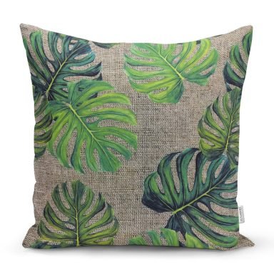Çuval Zeminli Palmiye Yaprakları Özel Tasarım Yastık Kırlent Kılıfı