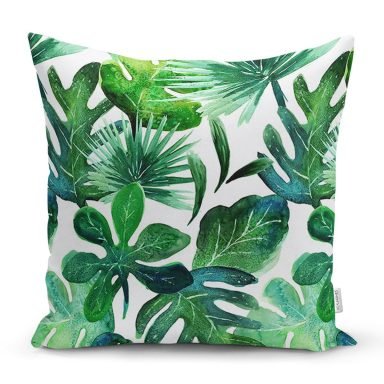 Suluboya Tropikal Yapraklar Desenli Özel Tasarım Yastık Kırlent Kılıfı