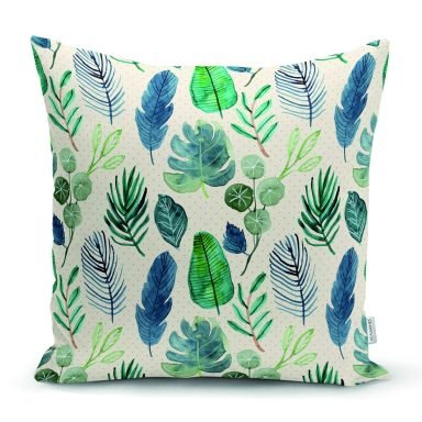 Pudra Zeminde Suluboya Yapraklar Tasarımlı Dekoratif Yastık Kırlent Kılıfı