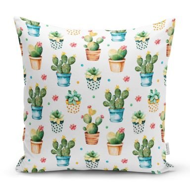 Saksıda Sevimli Kaktüsler Tasarımlı Dekoratif Modern Yastık Kırlent Kılıfı