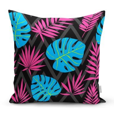 Siyah Zeminde Pempe Mavi Zambak Desenli Modern Yastık Kırlent Kılıfı