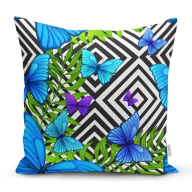 Geometrik Zeminli Mavi Kelebek Baskılı Yastık Kırlent Kılıfı