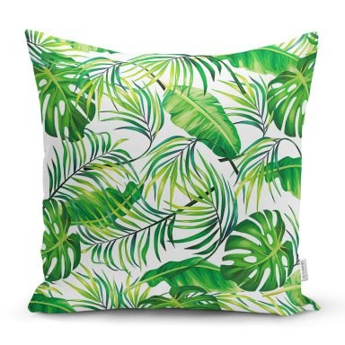 Beyaz Zeminde Yeşil Yapraklar Tasarımlı Modern Yastık Kırlent Kılıfı