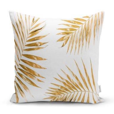 Altın Renkli Palmiye Yaprakları Dijital Baskılı Yastık Kırlent Kılıfı