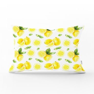 Beyaz Zeminde Limonlar Desenli Dijital Baskılı Dikdörtgen Yastık Kırlent Kılıfı - DIK-3095