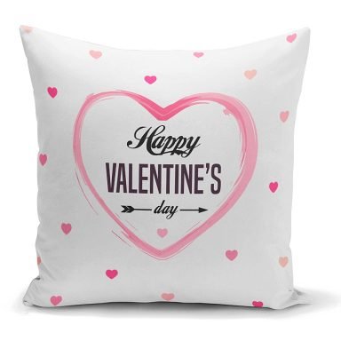 Kalp Motifli Happy Valentine's Day Baskılı Kırlent Kılıfı