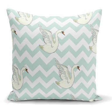 Zigzag Zeminli Kuğu Desenli Dijital Baskılı Modern Yastık Kılıfı