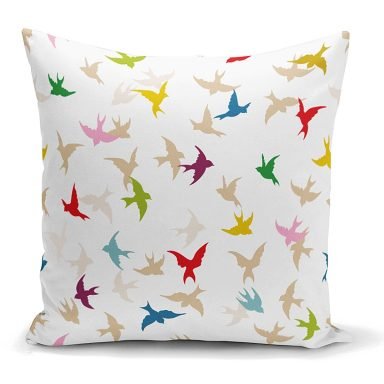 Krem Zeminli Kuş Desenli Dijital Baskılı Kırlent Kılıfı