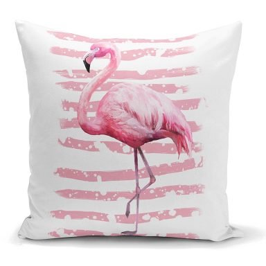 Pudra Çizgi Desenli Flamingo BAskılı Dekoratif Yastık Kırlent Kılıfı