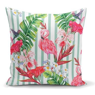 Flamingo Motifli Şerit Desenli Dekoratif Yastık Kırlent Kılıfı