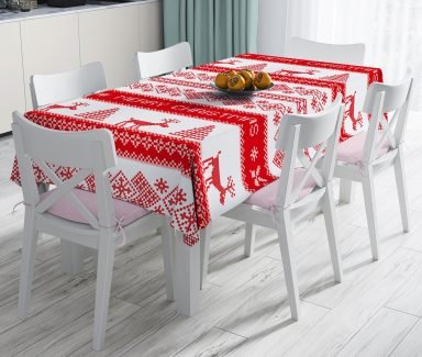 Merry Christmas Kanaviçe Görünümlü Geyikler Baskılı Leke Tutmaz Masa Örtüsü - Masa3026